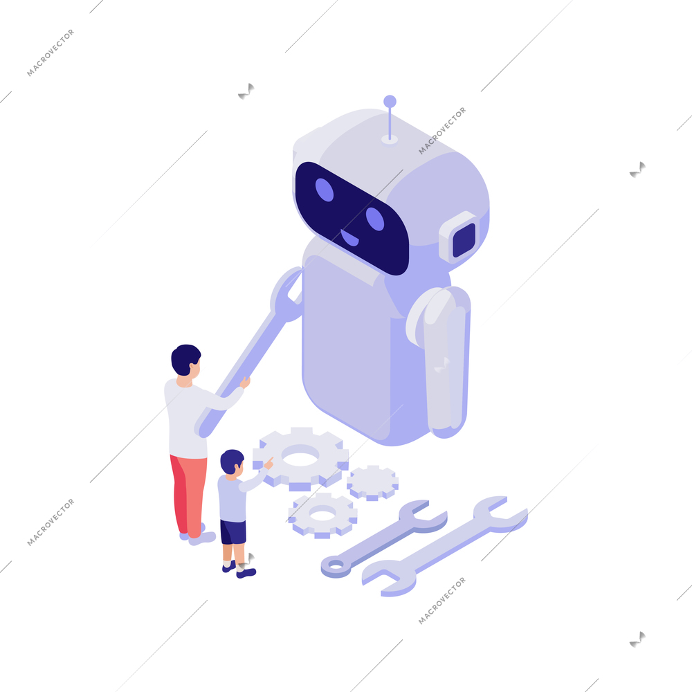 STEM education isometric concept with man and child constructing robot 3d vector illustration
