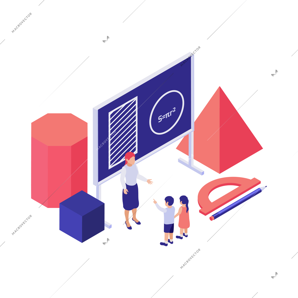 Maths education isometric concept with 3d shapes teacher students vector illustration