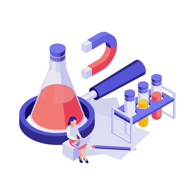 Isometric STEM education concept with girl and equipment for chemical experiment vector illustration