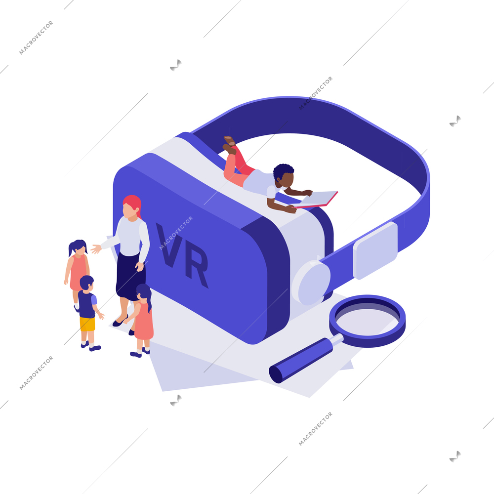 Isometric 3d education concept with virtual reality glasses and studying students vector illustration