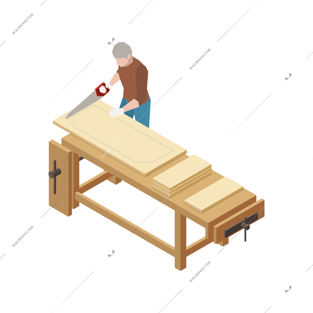 Male carpenter sawing wooden plank 3d isometric vector illustration