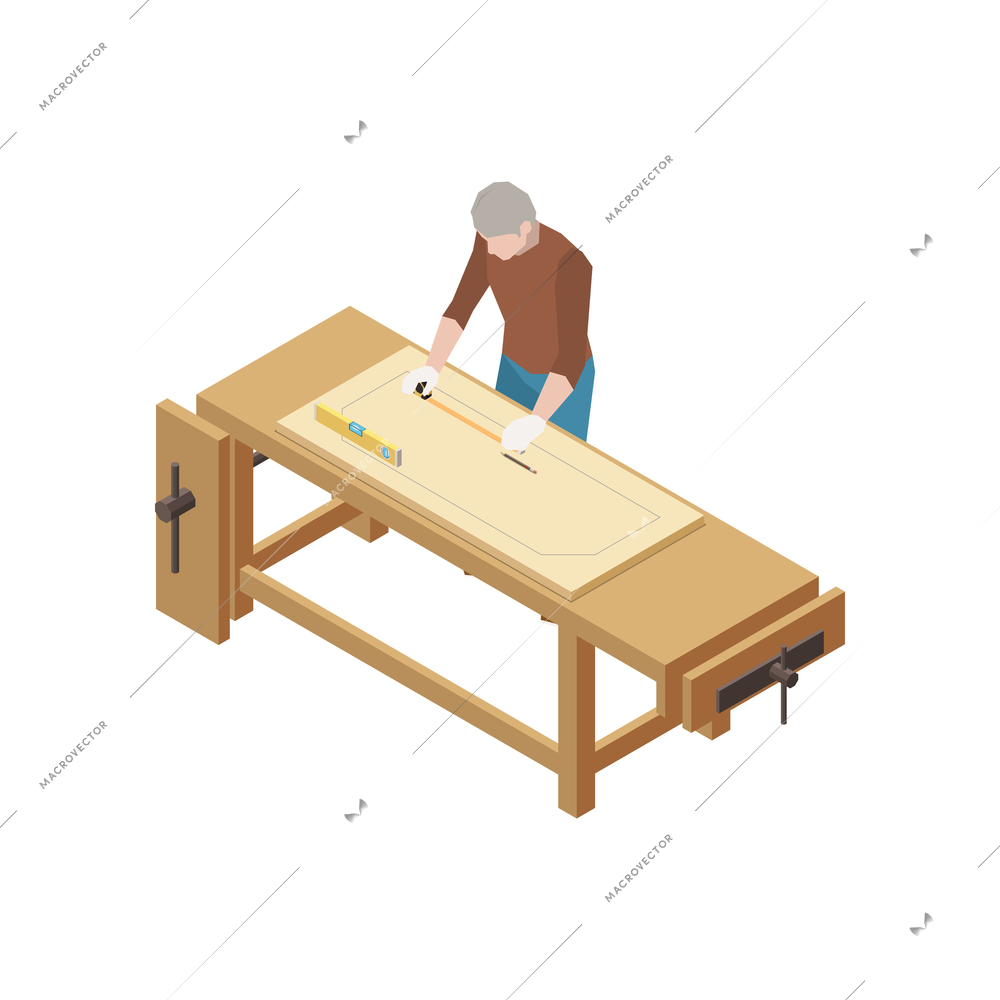 Furniture production isometric icon with carpenter measuring wooden plank 3d vector illustration