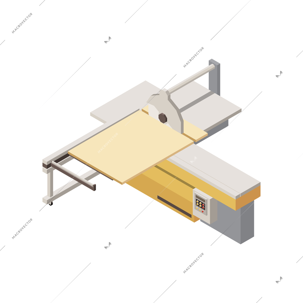 Furniture production icon with automatic machine sawing wood isometric vector illustration