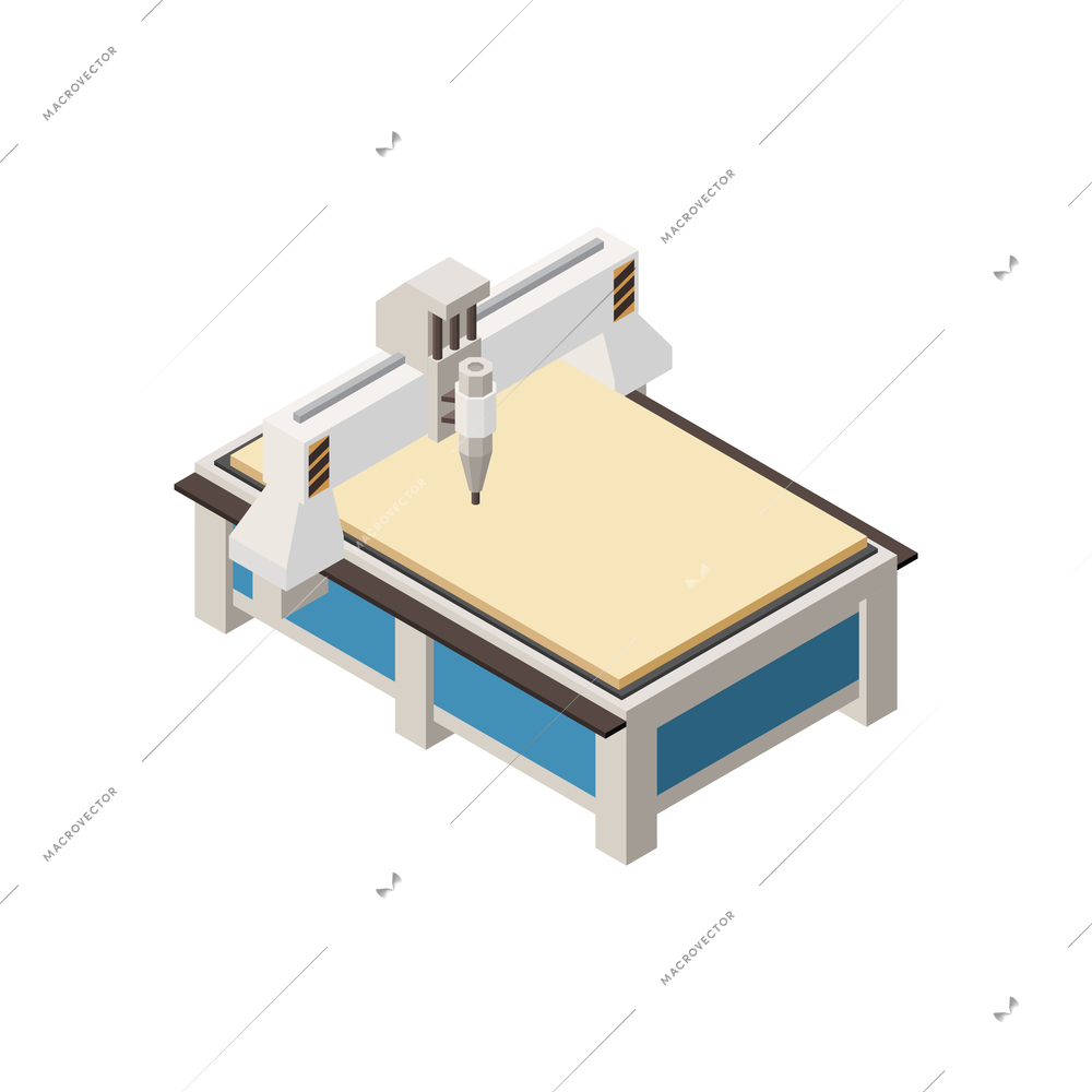 Isometric carpentry icon with automatic machine making measurements on wooden plank vector illustration