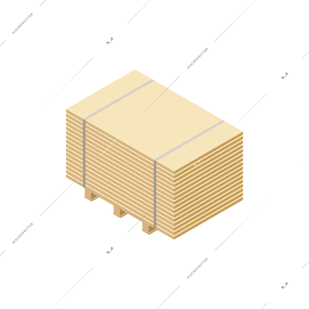 Stack of wooden planks on pallet isometric icon on white background vector illustration