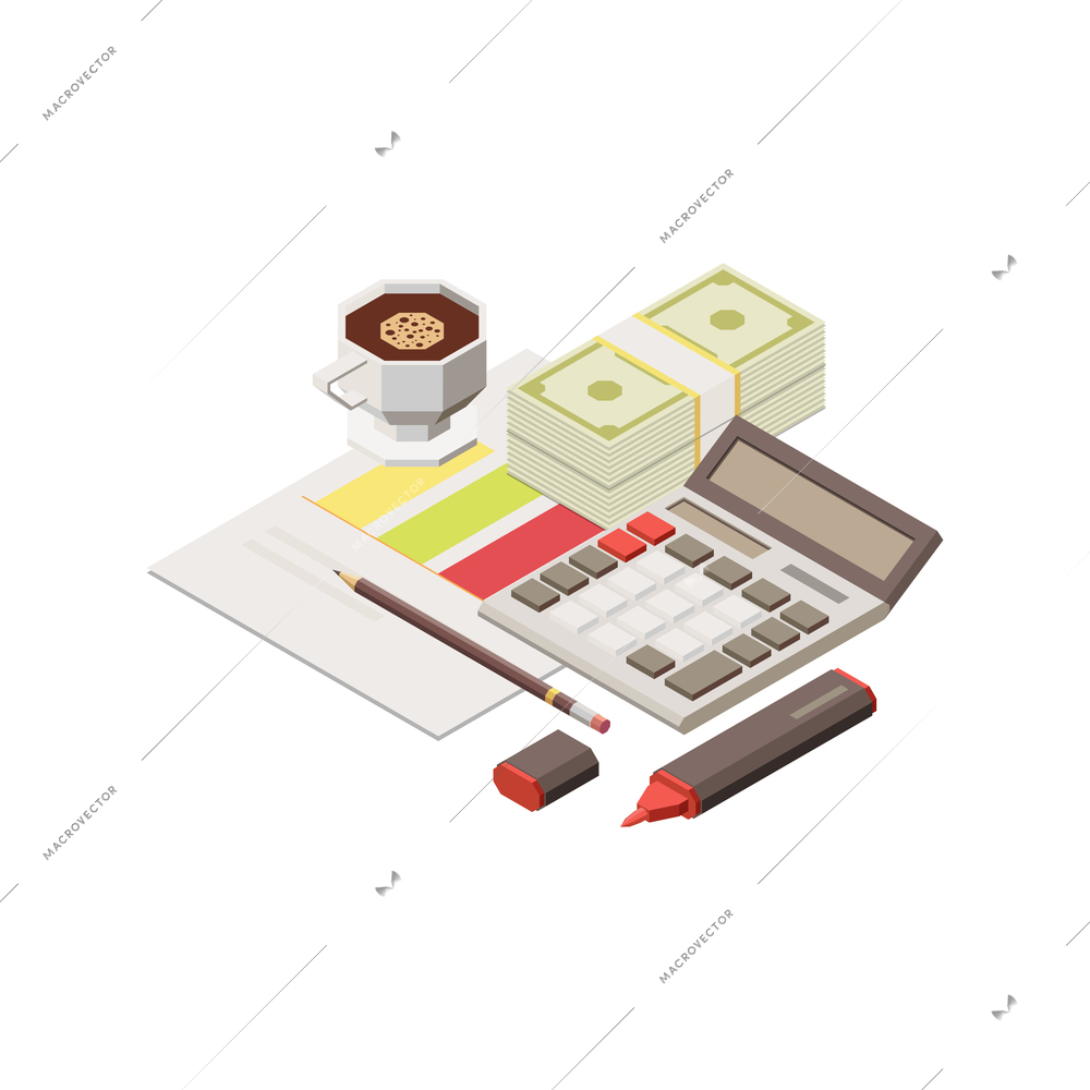 Isometric work place icon with calculator market paper money cupf of coffee on white background vector illustration