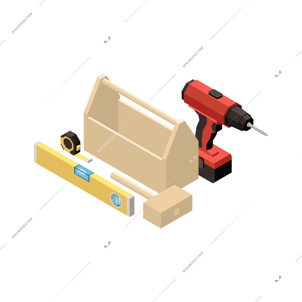 Isometric carpentry tools icon with hammer drill builder level 3d vector illustration