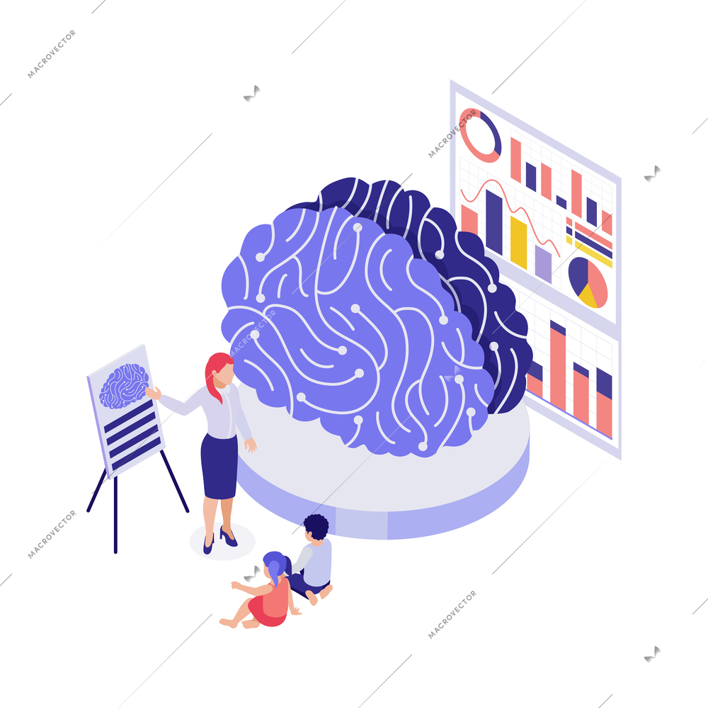 STEM education 3d concept with students using model to study human brain isometric vector illustration