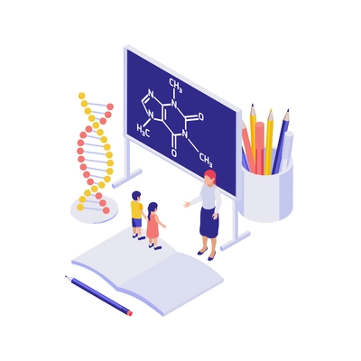 Science education isometric concept with dna model board teacher pupils 3d vector illustration