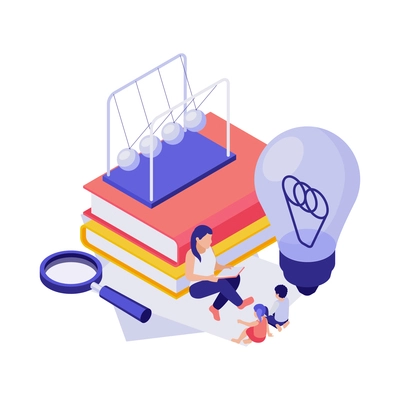 STEM education 3d concept with isometric human characters books light bulb vector illustration