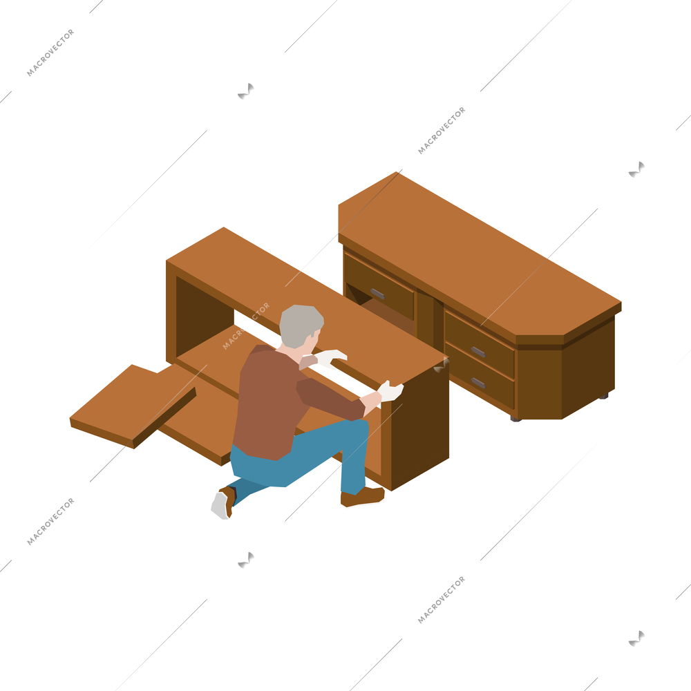 Isometric icon of carpenter assembling furniture 3d vector illustration