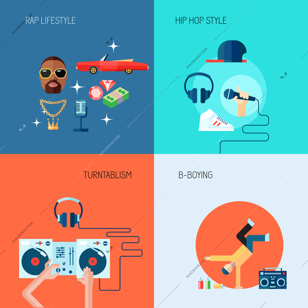 Rap music lifestyle turntablism b-boying icons flat set isolated vector illustration