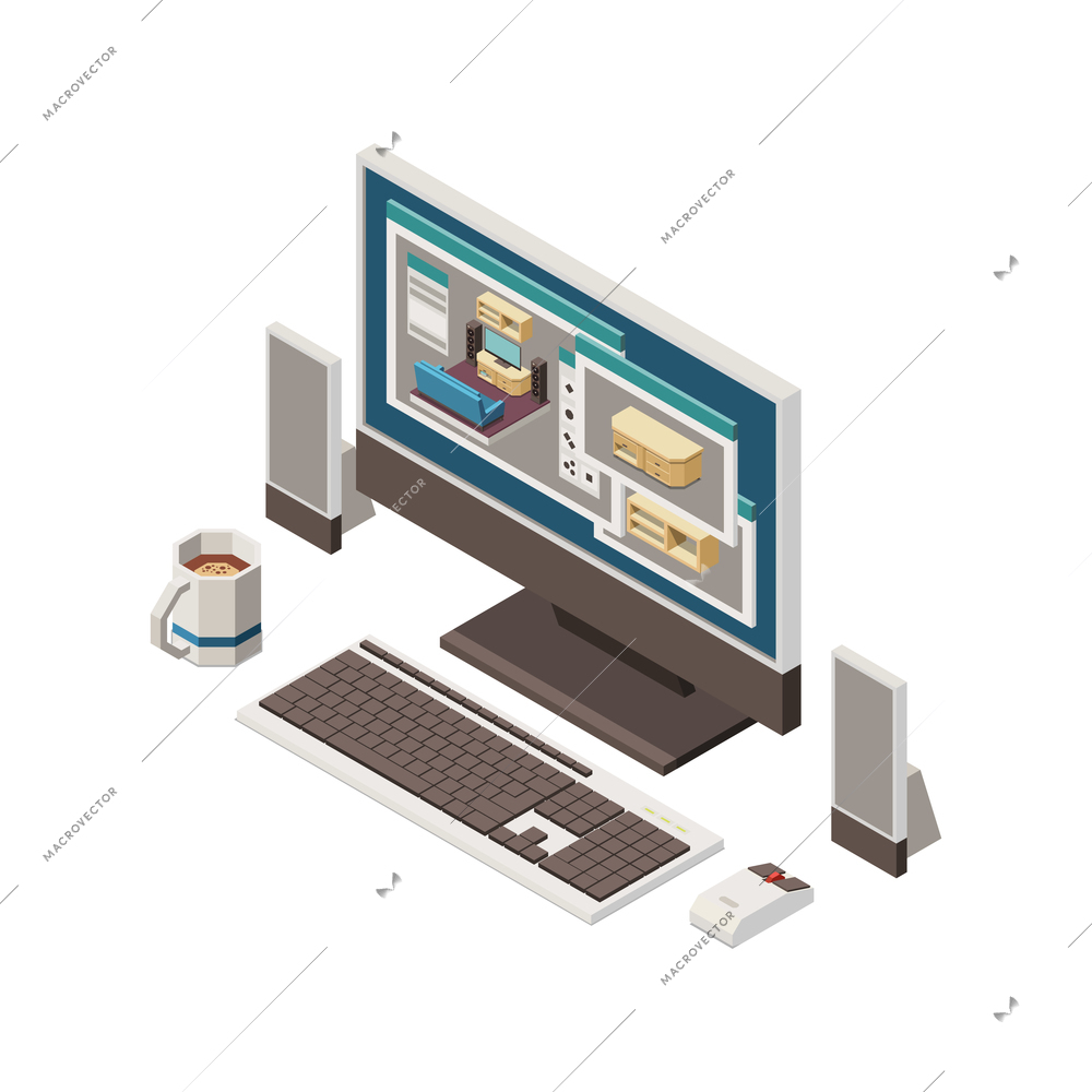 Isometric carpentry icon with furniture models on computer screen 3d vector illustration