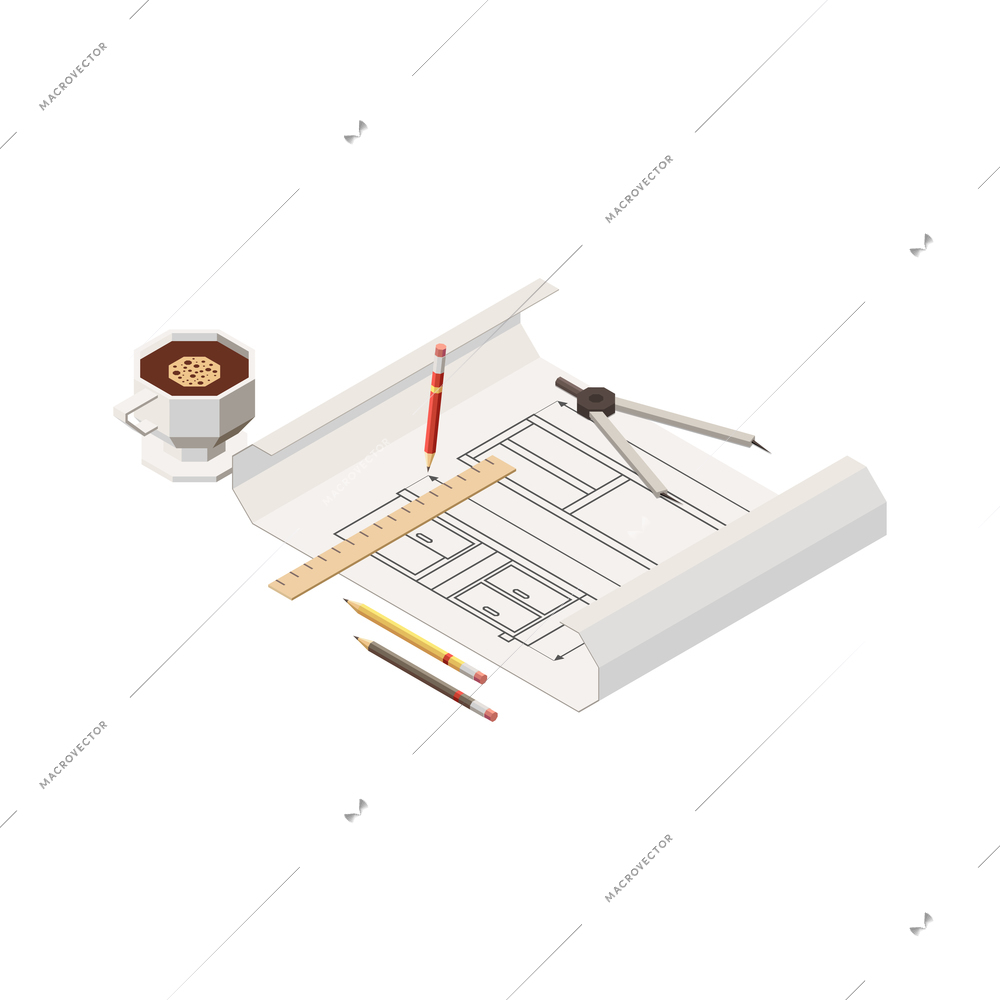 Carpenter or designer tools for work with ruler sketch pencil 3d vector illustration