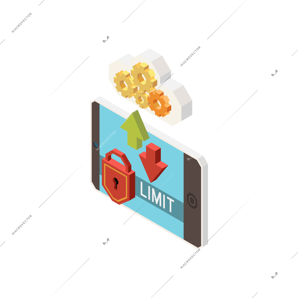 Digital control smartphone with traffic limit icon on white background isometric vector illustration