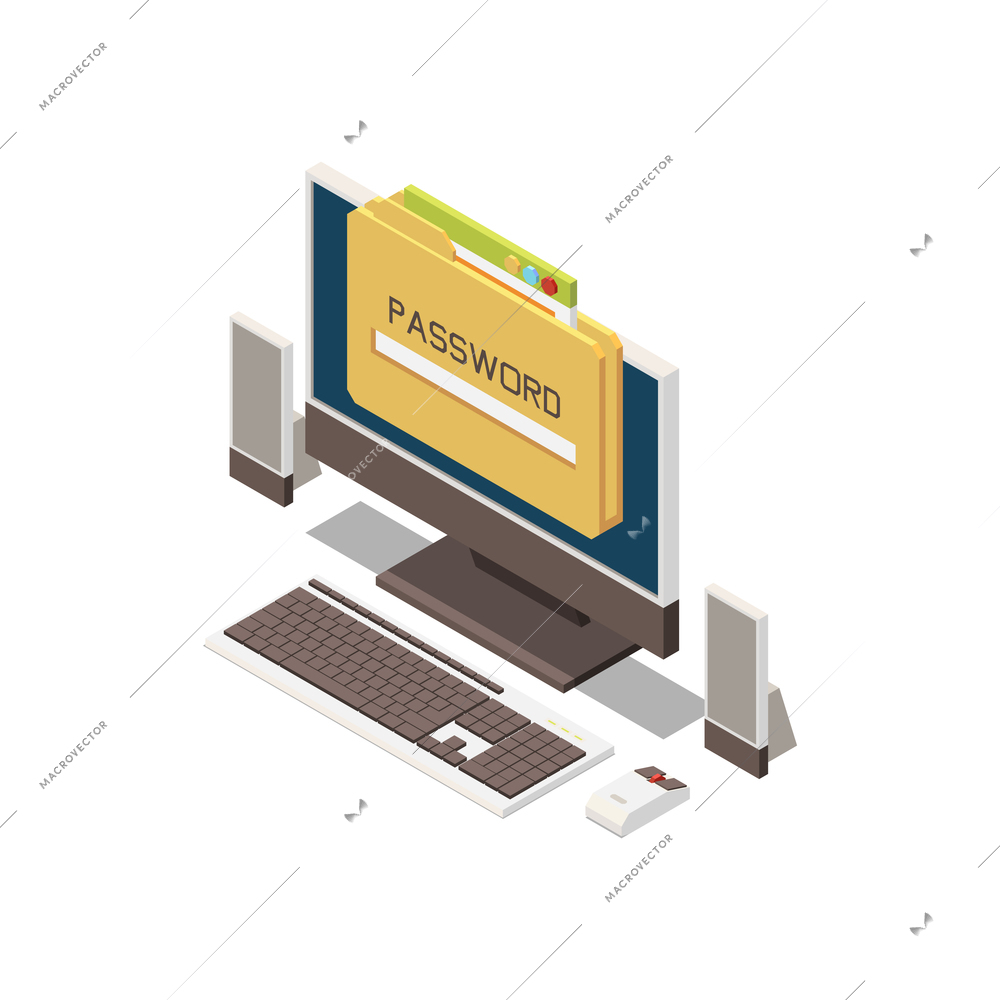 Digital control isometric icon with password on computer screen 3d vector illustration