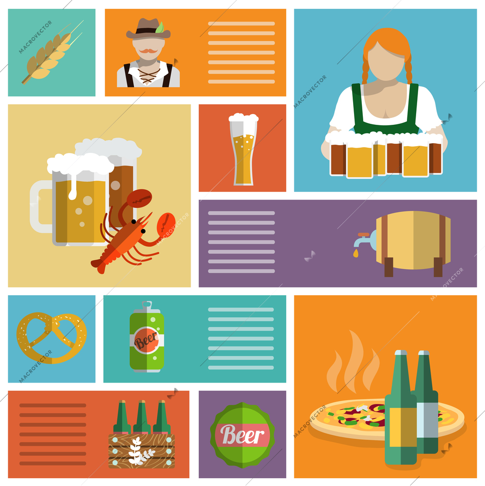 Beer cold alcohol drink Oktoberfest festival decorative icons flat set isolated vector illustration