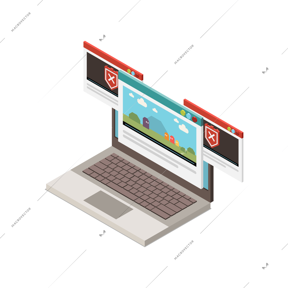 Parental control icon of laptop with allowed and banned games isometric vector illustration