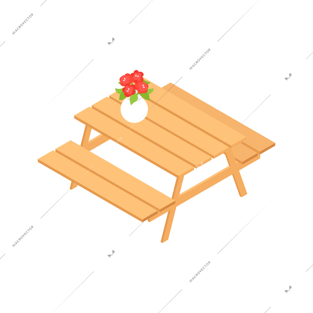 Wooden garden table with benches on white background 3d isometric vector illustration