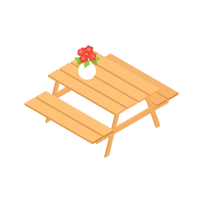 Wooden garden table with benches on white background 3d isometric vector illustration