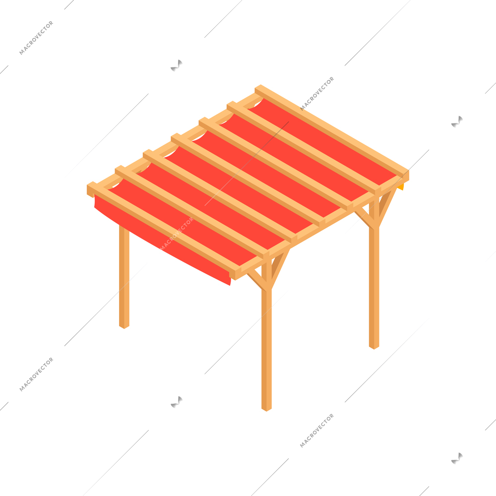 Wooden gazebo with red cover on white background 3d isometric vector illustration