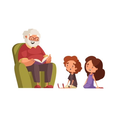 Smiling grandpa reading book to interested grandchilden flat vector illustration