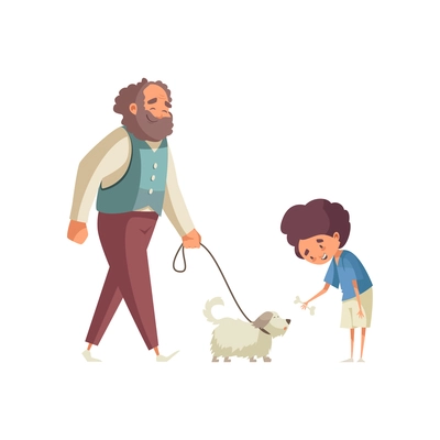 Flat grandpa and boy giving bone to small dog vector illustration