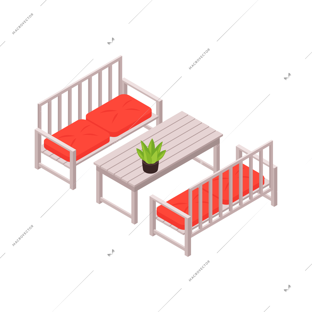 Garden furniture isometric 3d icon with table and benches vector illustration