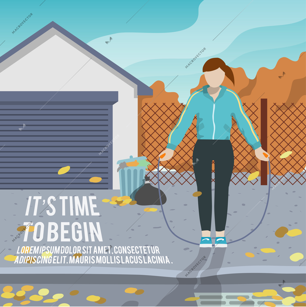 Woman with jump rope outdoor fitness lifestyle time to begin poster vector illustration