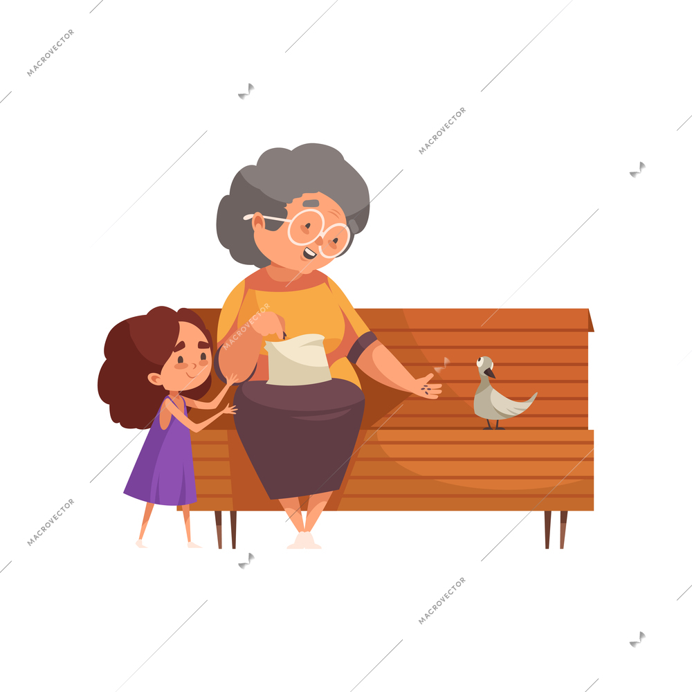 Smiling grandma and girl feeding pigeon on bench flat vector illustration