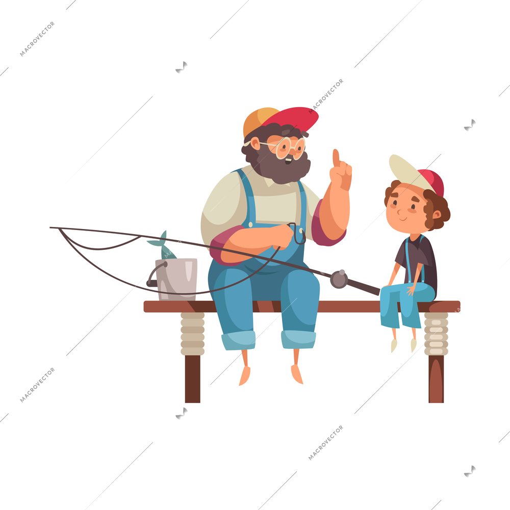 Smiling grandpa fishing with granddson flat vector illustration