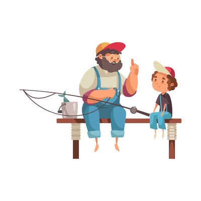 Smiling grandpa fishing with granddson flat vector illustration