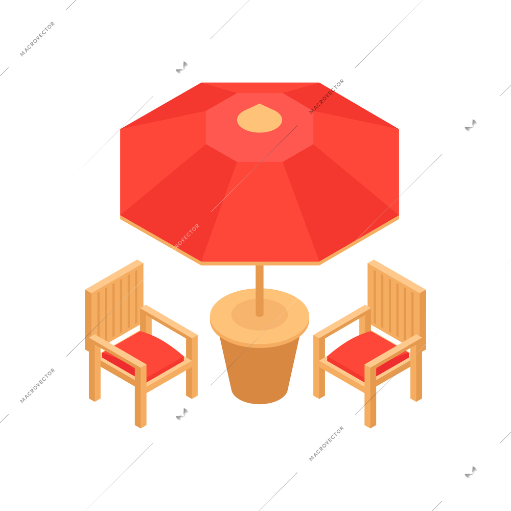 Red umbrella and chairs 3d garden furniture icon isometric isolated vector illustration