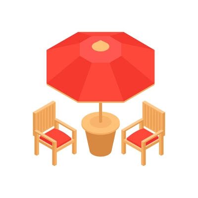 Red umbrella and chairs 3d garden furniture icon isometric isolated vector illustration