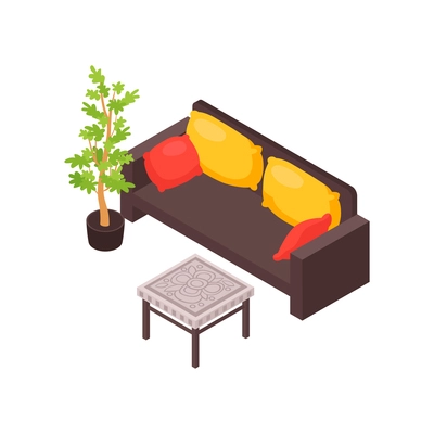 Isometric icon of sofa with colorful cushions small table and potted plant 3d vector illustration