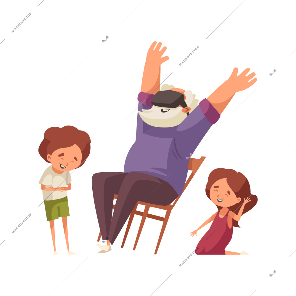 Happy grandchildren and grandpa in virtual reality glasses flat vector illustration