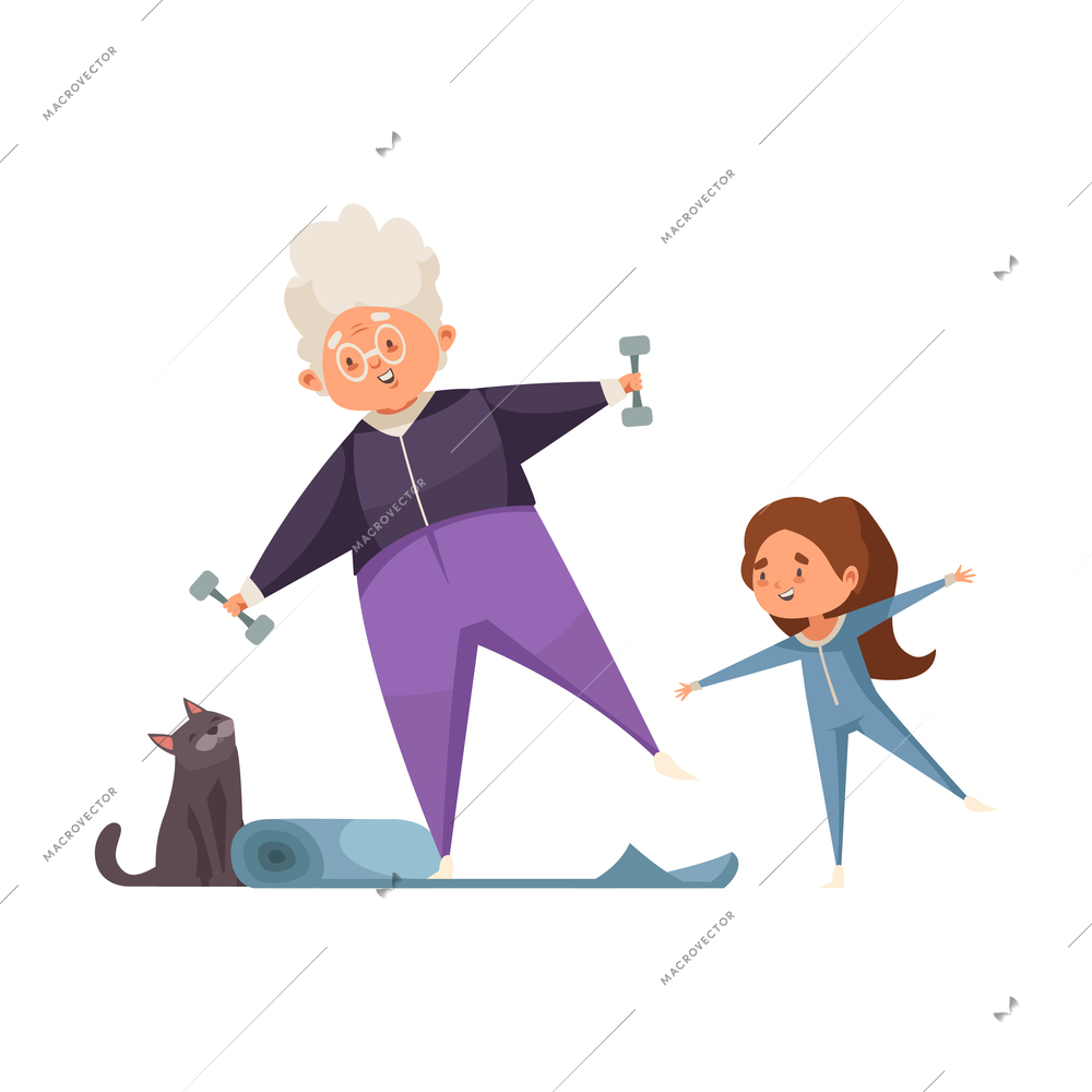 Cheerful grandma and granddaughter doing fitness together flat vector illustration