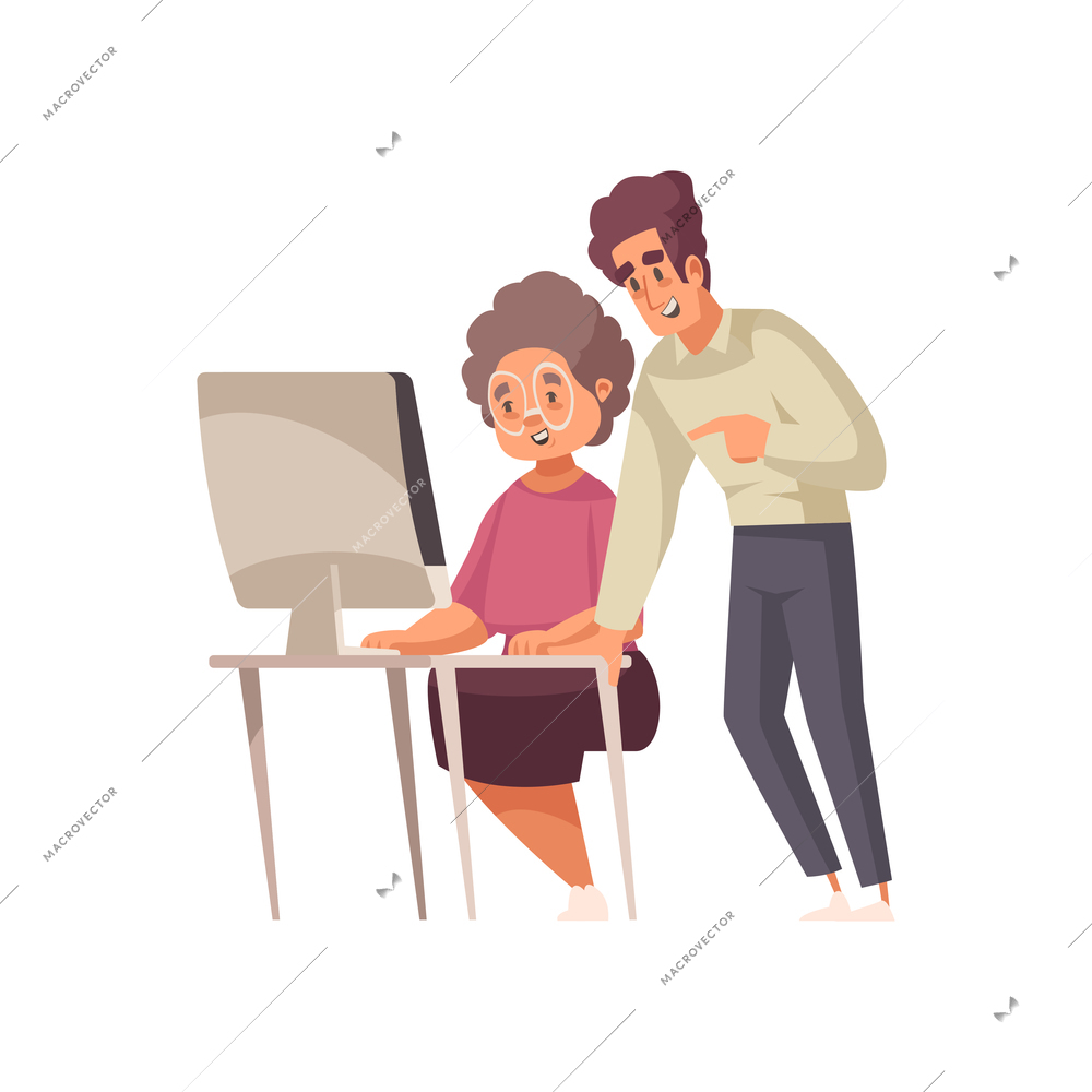 Man learning grandma to use computer flat vector illustration