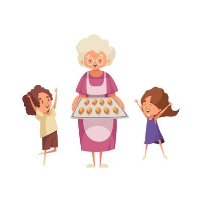 Flat grandma baked buns for happy children vector illustration