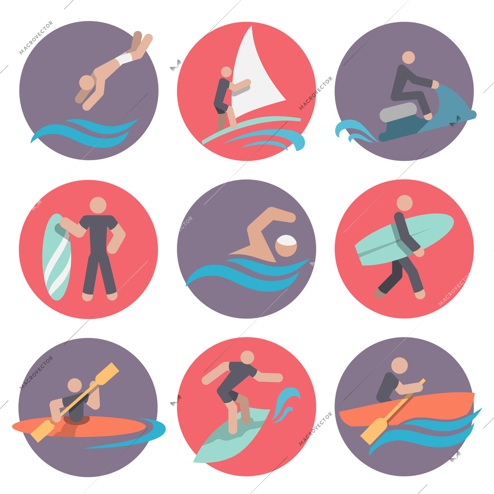 Water sports flat icons set with jumping sailing jetskiing isolated vector illustration