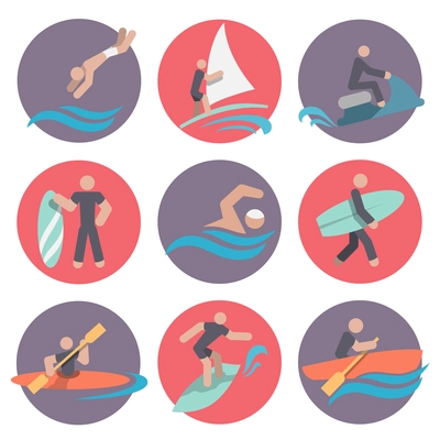 Water sports flat icons set with jumping sailing jetskiing isolated vector illustration