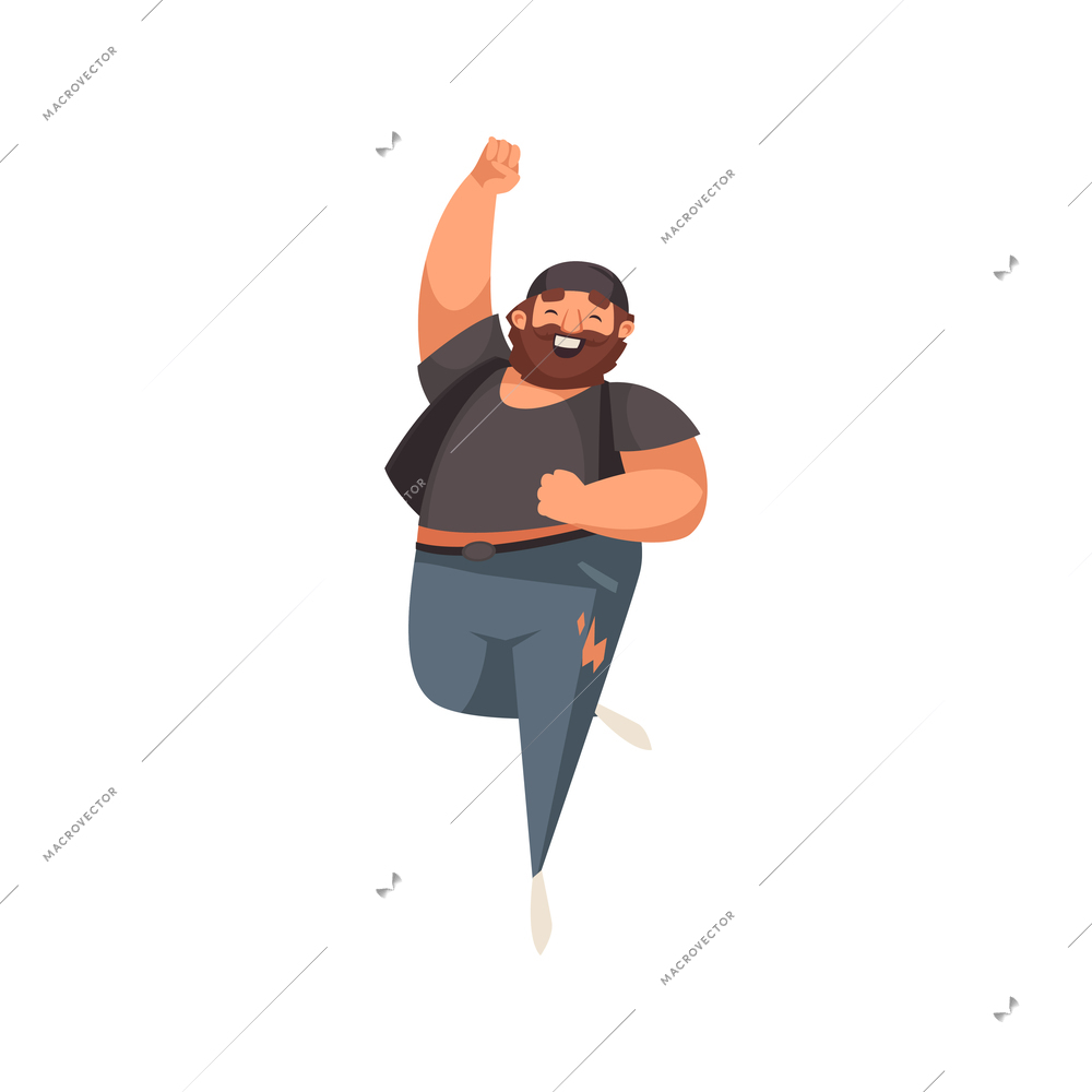Happy plump adult man with beard jumping flat vector illustration