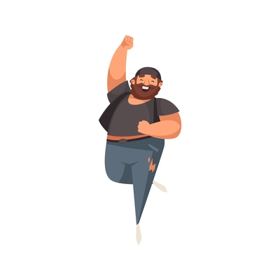 Happy plump adult man with beard jumping flat vector illustration