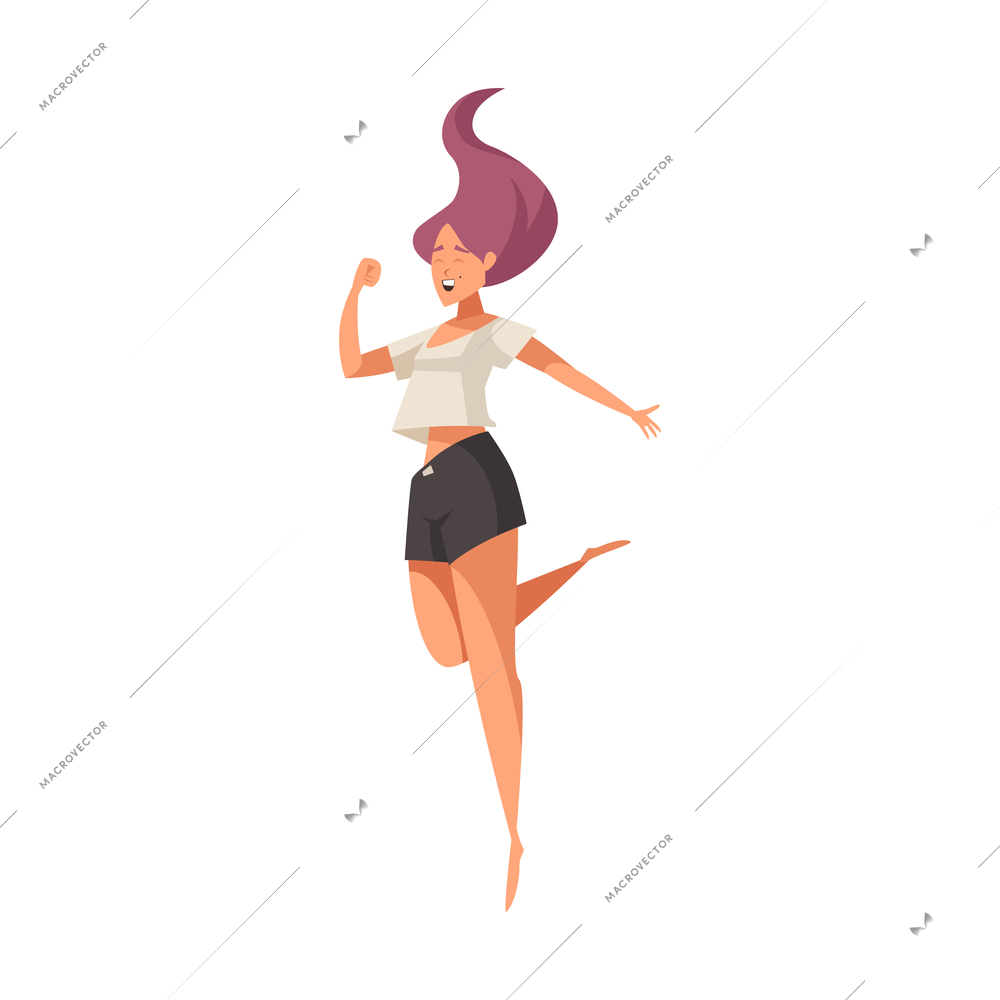 Smiling young woman leaping for joy flat vector illustration