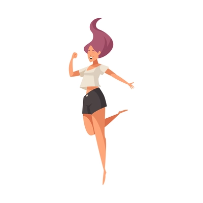 Smiling young woman leaping for joy flat vector illustration