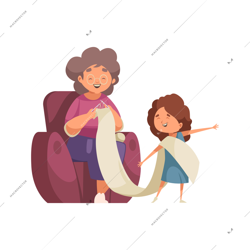 Grandma and granddaughter knitting together flat vector illustration