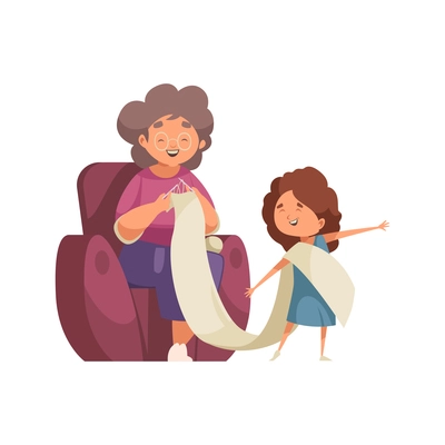 Grandma and granddaughter knitting together flat vector illustration