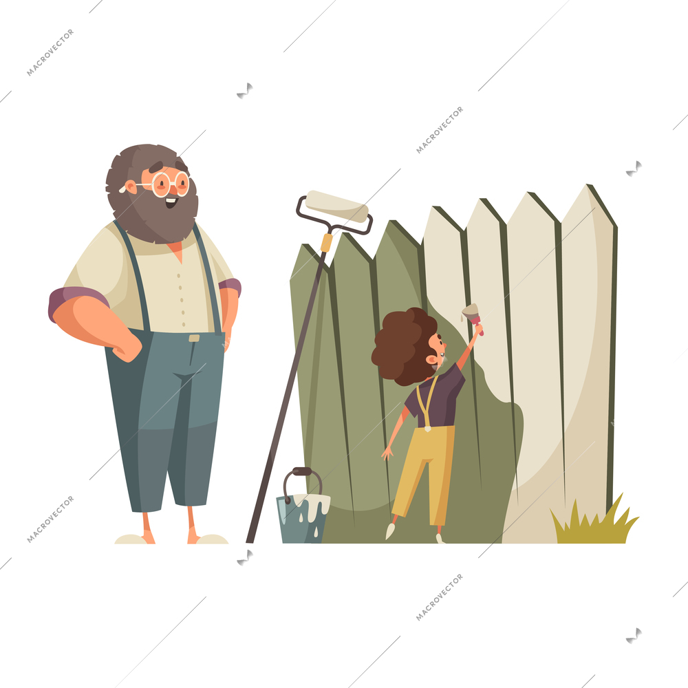 Grandpa painting gate with his grandson flat vector illustration