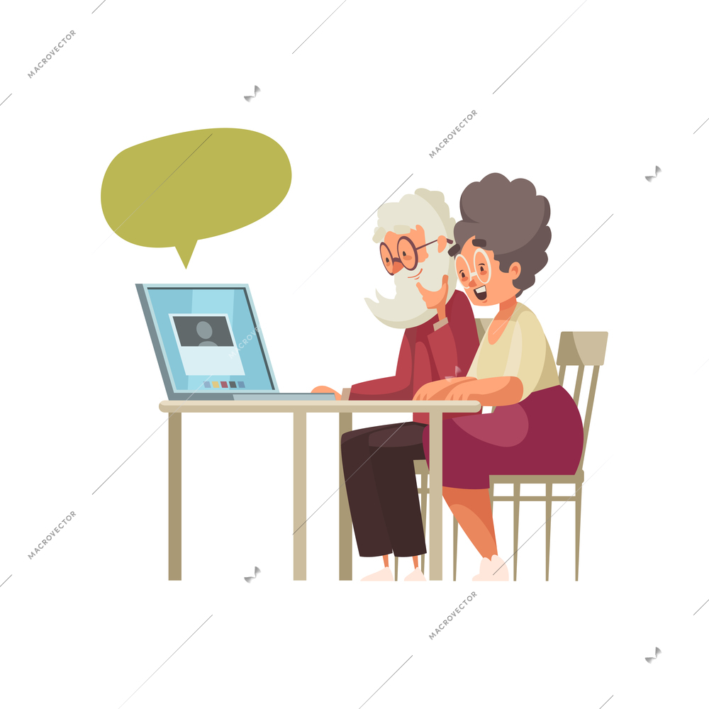 Grandparents making video call on laptop flat vector illustration