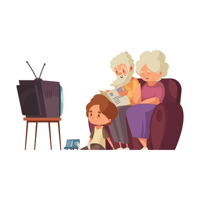 Boy watching tv together with his grandparents flat vector illustration